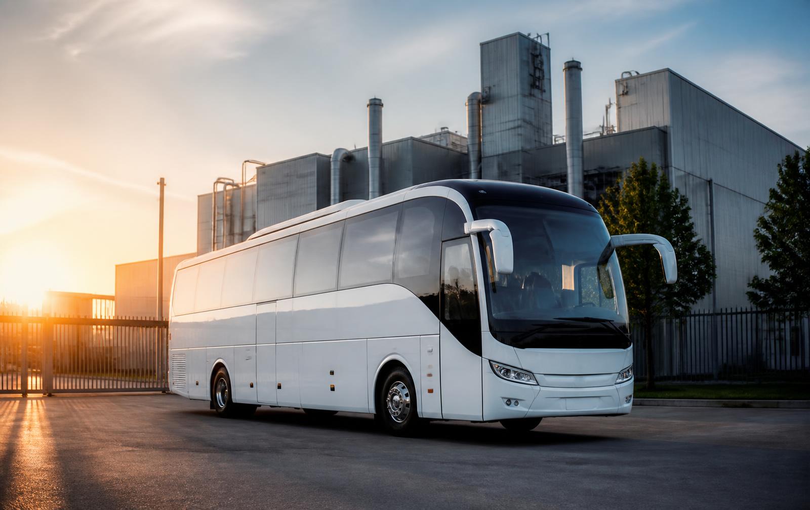 Ônibus de fretado corporativo estacionado em frente a uma planta industrial
