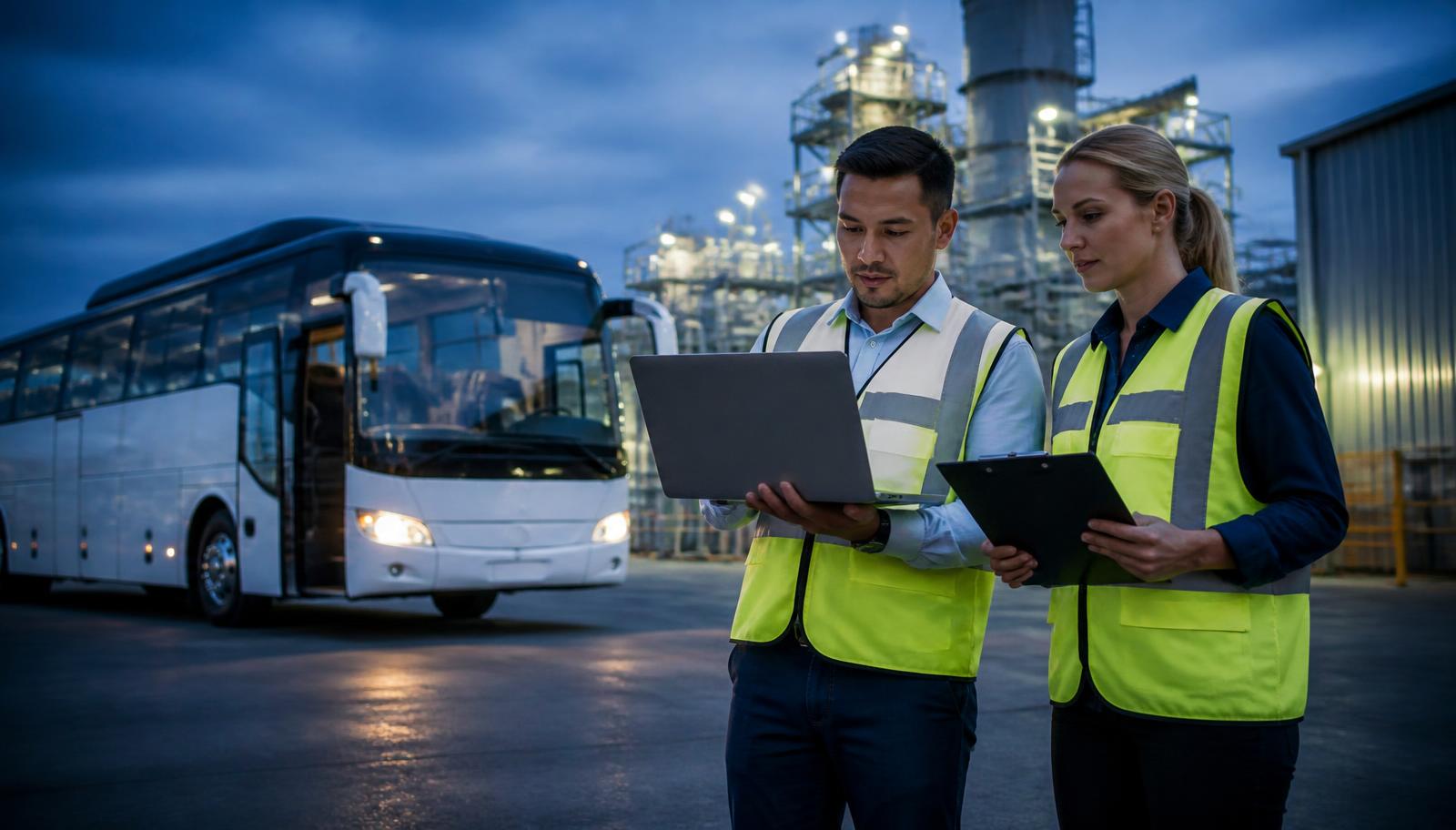Gestores analisando dados da operação com ônibus de fretado ao fundo em pátio industrial